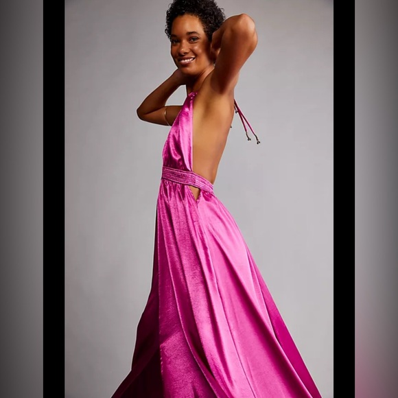 Free People NWT Look Into The Sun Fuchsia Halter Maxi Dress E17 - Picture 2 of 11